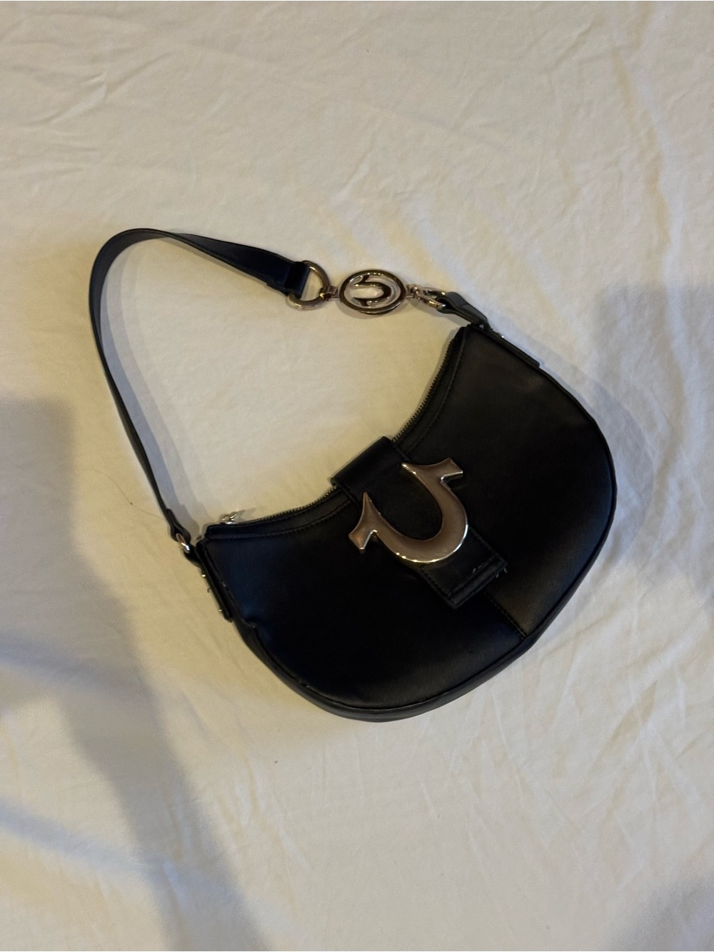 True Religion Black Leather Shoulder Bag with Silver Logo